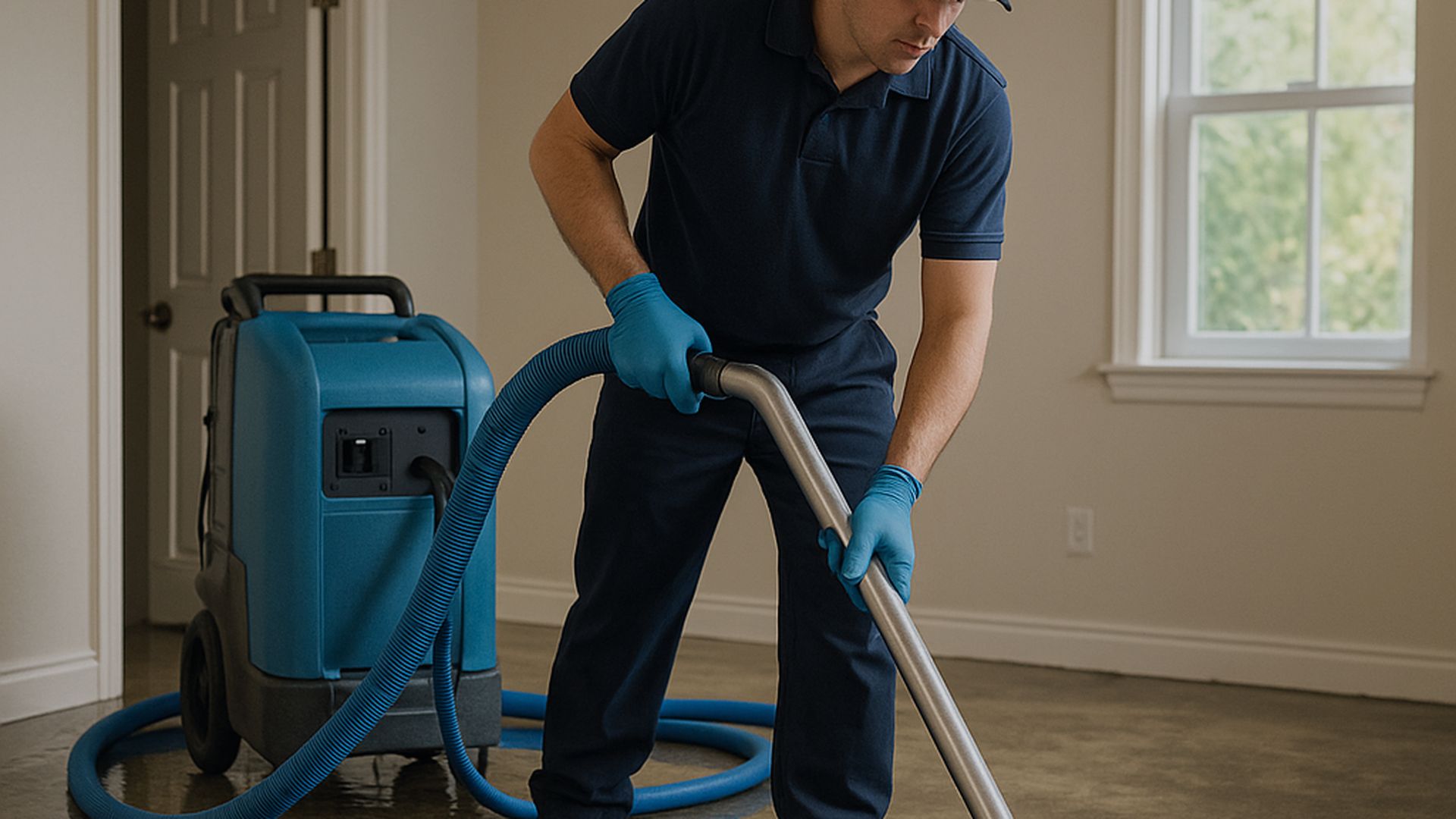 MitigateNow technician performing water damage restoration in a DFW home