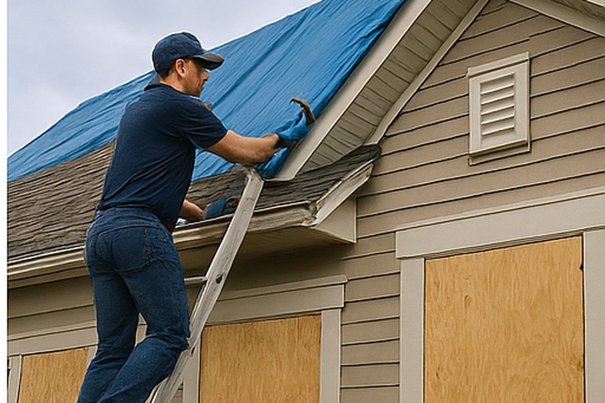Technician installing emergency roof tarp and board-up protection