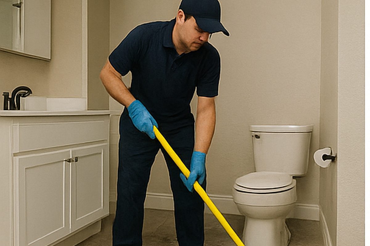 Technician performing sewage cleanup and sanitation