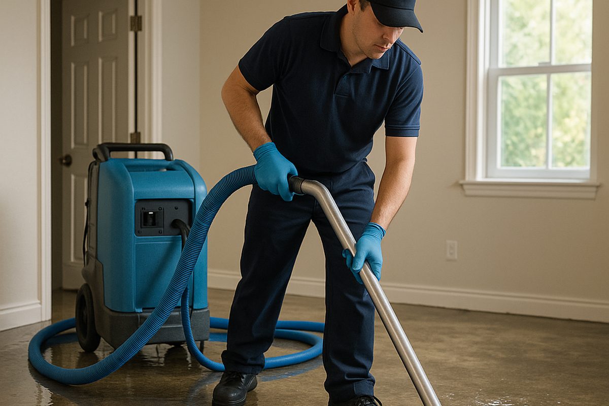 Technician extracting water from a floor for MitigateNow water damage restoration